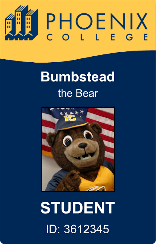 Phoenix College Cub Card with a picture of our mascot Bumsted