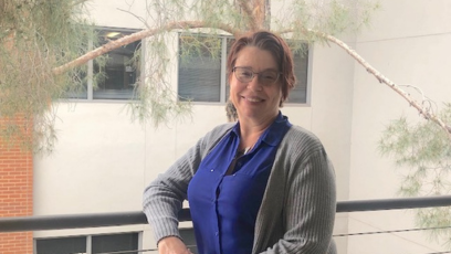 New Phoenix College Residential Faculty Rebecca Abeyta on campus outside her office.
