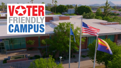Flags flying outside Phoenix College Hannelly Center