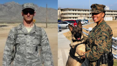 Phoenix College students James Costello and Sahara Delaughter stand in their respective military uniforms.  James is a veteran of the Air Force.  Sahara is a veteran of the Marine Corp.  