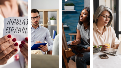 Four images - hablas espanol sign, man on couch, woman at easel, and woman at computer