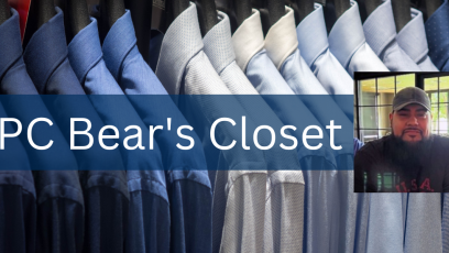 blue collared shirts on a rack with text that reads - PC Bear's Closet and image of Pat
