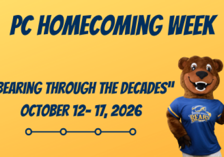 PC Homecoming Week: "Bearing Through the Decades" October 12 - 17, 2026 text on a yellow background with PC mascot waving