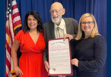 Frank Barrios with Mayor Kate Gallego and Council Member Laura Pastor