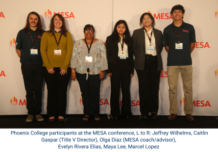 Phoenix College students and staff stand in front of the step and repeat backdrop at the MESA Student Leadership Conference in San Diego. 