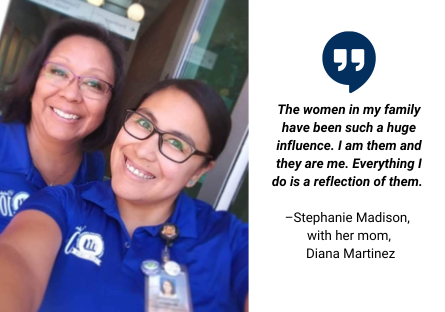Phoenix College staff Stephanie Madison and her mom, Diana Martinez, wearing blue Phoenix College shirts. 