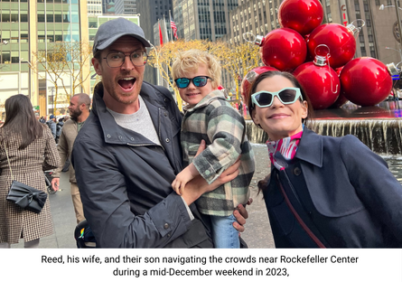 Reed, his wife, and their son navigating the crowds near Rockefeller Center during a mid-December weekend in 2023 - a testament to a successful journey that started at Phoenix College.