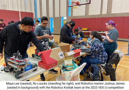 Phoenix College students Maya Lee and Ro Loucks, 2024 All-Arizona Academic Team awardees, with other Kodiac Robotic members at the 2023 VEX U competition