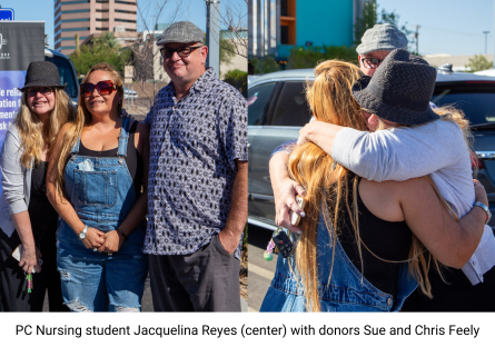 Phoenix College Nursing Student Jacquelina Reyes with car donors Chris and Sue Feely