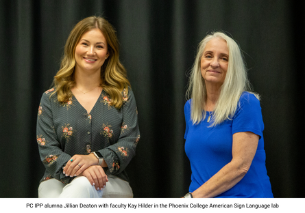 PC IPP alumni Jillian Deaton with faculty member Kay Hilder in the American Sign Language lab