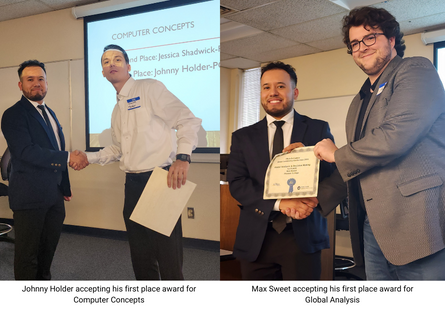 Phoenix College students and members of FBLA, Johnny Holder and Max Sweet, accept their first place awards for Computer Concepts and Global Analysis and Decision Making, respectively