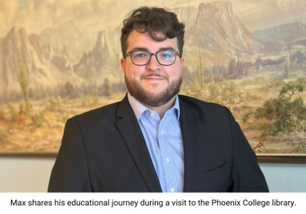 Max shares his educational journey during a visit to the Phoenix College library.