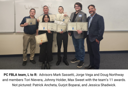 PC FBLA team, L to R:  Advisors Mark Sassetti, Jorge Vega and Doug Northway  and members Tori Nievera, Johnny Holder, Max Sweet with the team’s 11 awards. Not pictured: Patrick Ancheta, Gurjot Boparai, and Jessica Shadwick.