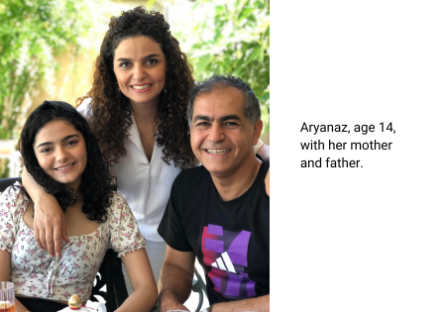 Aryanaz, age 14, with her mother and father.