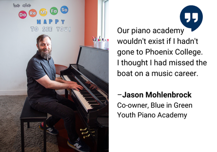 Phoenix College alumnus Jason Mohlenbrock sits at a piano in his youth piano academy, Blue in Green, named after his favorite Miles Davis tune. 