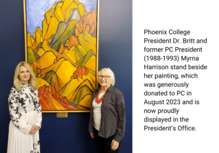 PC President Dr. Kimberly Britt with former PC President Myrna Harrison in front of one of Harrison’s paintings donated and installed in the College President’s Office.