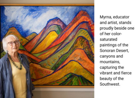 PC President Myrna Harrison in front of one of Harrison’s paintings.