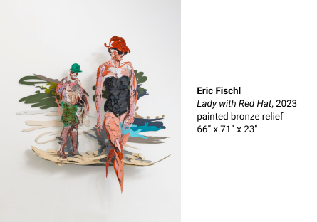 One of Eric Fischl's new works, Lady with Red Hat, 2023, is a hand painted bronze sculpture derived from a virtual painting.