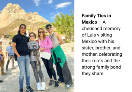 Family Ties in Mexico – A cherished memory of Luis visiting Mexico with his sister, brother, and mother, celebrating their roots and the strong family bond they share.