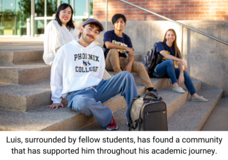 Luis, surrounded by fellow students, has found a community that has supported him throughout his academic journey.