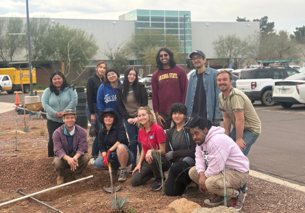 Phoenix College students and collaborators from ASU, U.S. Fish and Wildlife Services and Watershed Management Group gathered early on a weekday morning to plant low-water vegetation in a drainage area