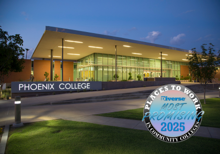 Phoenix College Hannelly Center exterior shot at twilight with NISOD seal
