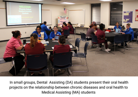 Pheonix College Students in Dental and Medical Assisting share tables to discuss the impact of oral health on chronic medical conditions