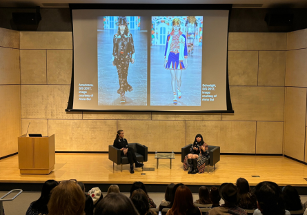 Phoenix Art Museum Curator of Fashion Design Helen Jean with fashion designer Anna Sui in Whiteman Hall with Phoenix College fashion students in attendance