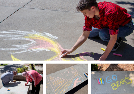 images of chalk drawings on Sophomore square - young man drawing triceratops, two women busy on their drawings, picture of grand canyon, and Go Bears written in blue and yellow chalk, 