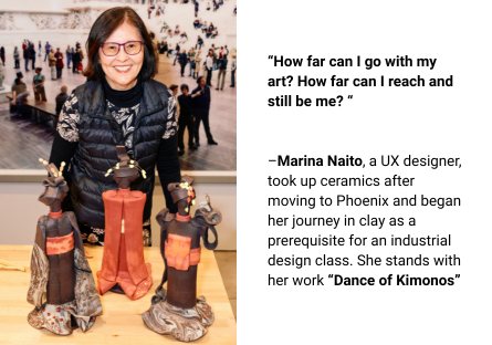 Phoenix College student Marina Naito stands behind her work "Dance of Kimonos," which won a 2025 Vanguard Award in 3D