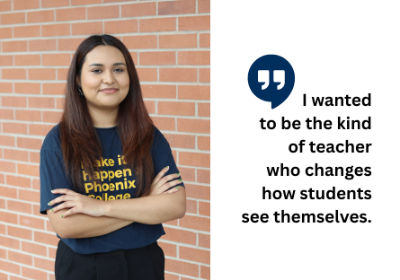 Education alum Alejandra Vega stands on campus in front of a brick wall wearing a Phoenix College t-shirt
