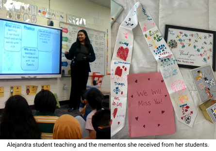 Phoenix College alum Alejandra Vega student teaches elementary school kids and the mementos they gave her at the end of the year. 