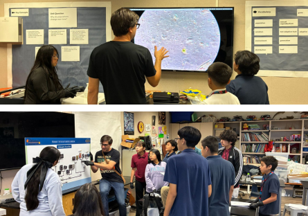 instructor showing students microscopic organisms and science board