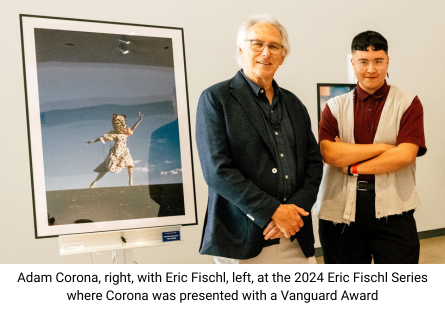 Artist Adam Corona with Eric Fischl at the 2024 Eric Fischl Series at the Phoenix Art Museum where Corona was presented a Vanguard Award
