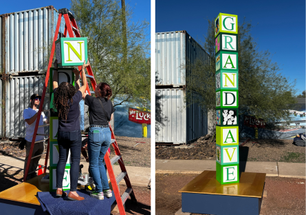 Phoenix College sculpture students install "Block Party," a temporary public art installation on Grand Avenue during the Grand Avenue Festival 
