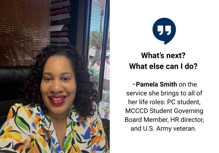 Pamela Smith sits at her work desk in a silk shirt with splashes of green, yellow, and blue with a quote next to the picture: "What's next? What else can I do?"