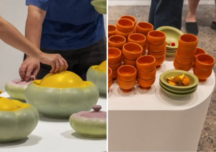 left images: to hand pick up the lids to green and yellow ceramic fruit bowls; right image: a collection of used orange cups on a white stand and a small green bowl with orange peelings