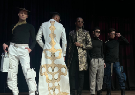 Five men model the collection of Brandon Ellis, a designer in Phoenix College's Fashion Show, Vie d'Ours Chique