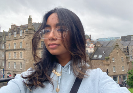 Phoenix College student Ashley Aguilera stands outside Edinburgh Castle in Scotland during her study abroad experience. 