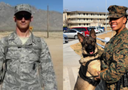 Phoenix College students James Costello and Sahara Delaughter stand in their respective military uniforms.  James is a veteran of the Air Force.  Sahara is a veteran of the Marine Corp.  