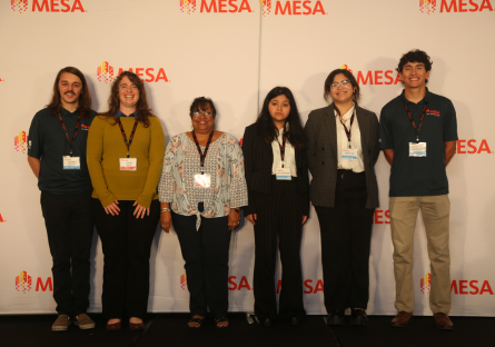 Phoenix College students and staff stand in front of the step and repeat backdrop at the MESA Student Leadership Conference in San Diego. 