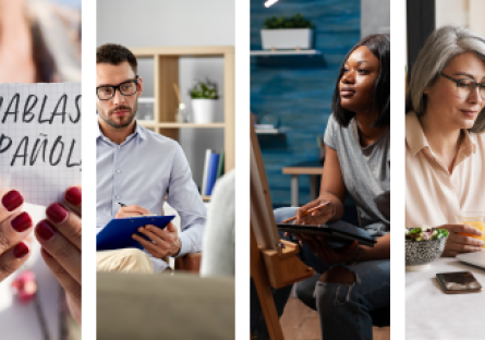 Four images - hablas espanol sign, man on couch, woman at easel, and woman at computer