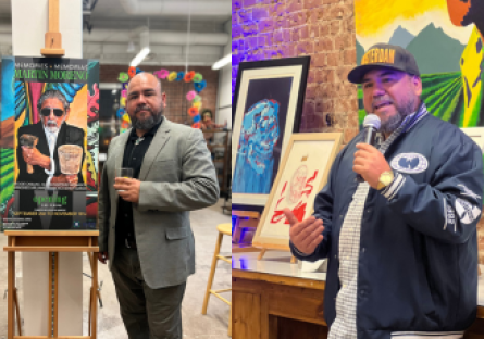Phoenix College alumnus Francisco Garcia stand next to and talks about his art work. 