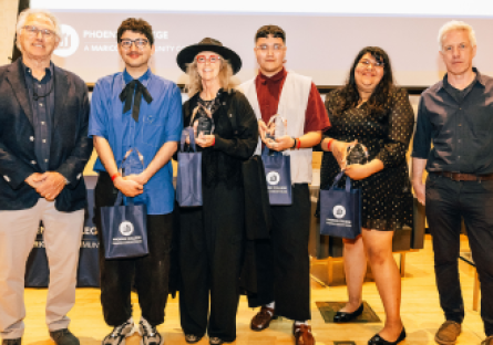 Artistst Eric Fischl (far left) and Matthew Ritchie (far right) presented Vanguard Awards to fourPhoenix College students (left to right): Jakob Lemos ("Stacking" 3D, wood), Gwynne Olea ("Untitled" 2D, oil and acrylic), Adam Corona | BrassTuna ("Tehuana" Digital Photography), and Gabriella Rodriguez ("Psychedelic mushroom garden" 3D, ceramic) 