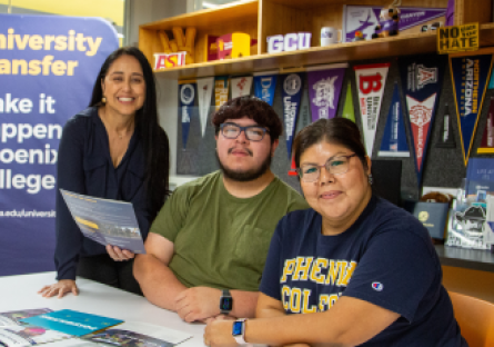 Phoenix College Transfer Center Director Thelma Martinez meets with PC students Jesse Aguirre Delgado and Betty Villalobos in the Phoenix College Transfer Center