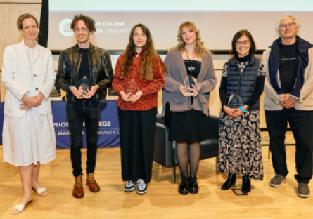 Curator Eleanor Nairne (far left) and artist Eric Fischl (far right) stand with PC student artists who won the 2025 Vanguard Winners, L to R: Nick Erickson, Lila Casteneda, Jade Deming, Marina Naito