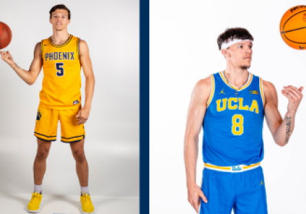 Phoenix College alumnus Jamar Brown in his PC basketball uniform (left) and UCLA jersey (right).  