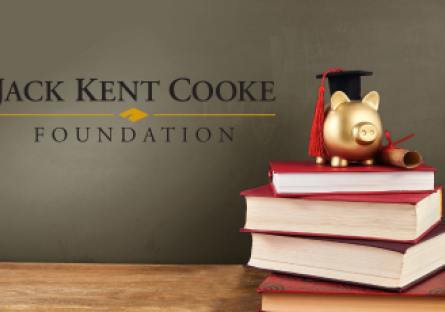 Logo of Jack Kent Cooke Foundation and image of stacked books and piggy bank with graduation cap and diploma
