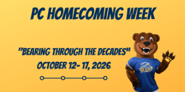 PC Homecoming Week "Bearing Through the Decades" October 12-17, 2026 with PC Bumstead mascot waving on a yellow background